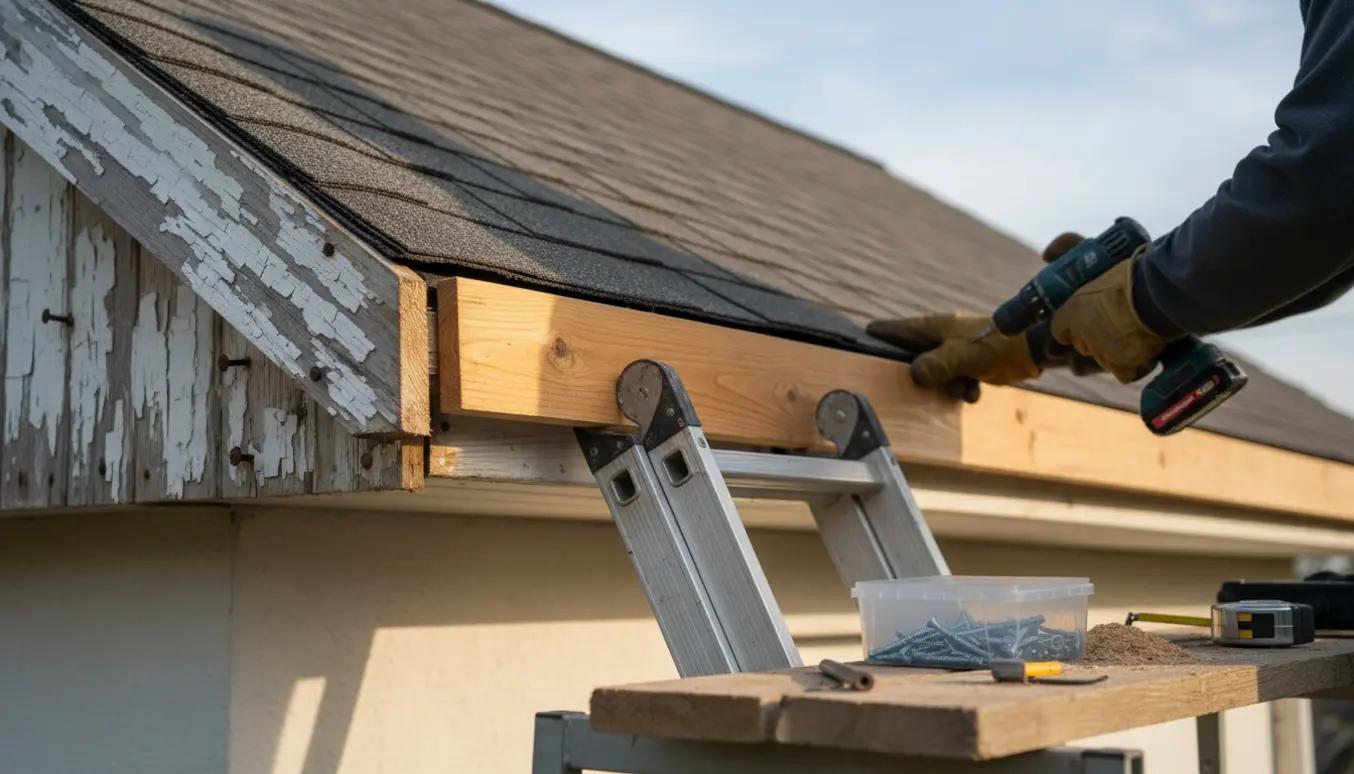 Udhæng på et parcelhus hvor to rustikke brædder udskiftes, med håndværker og værktøj på stige.