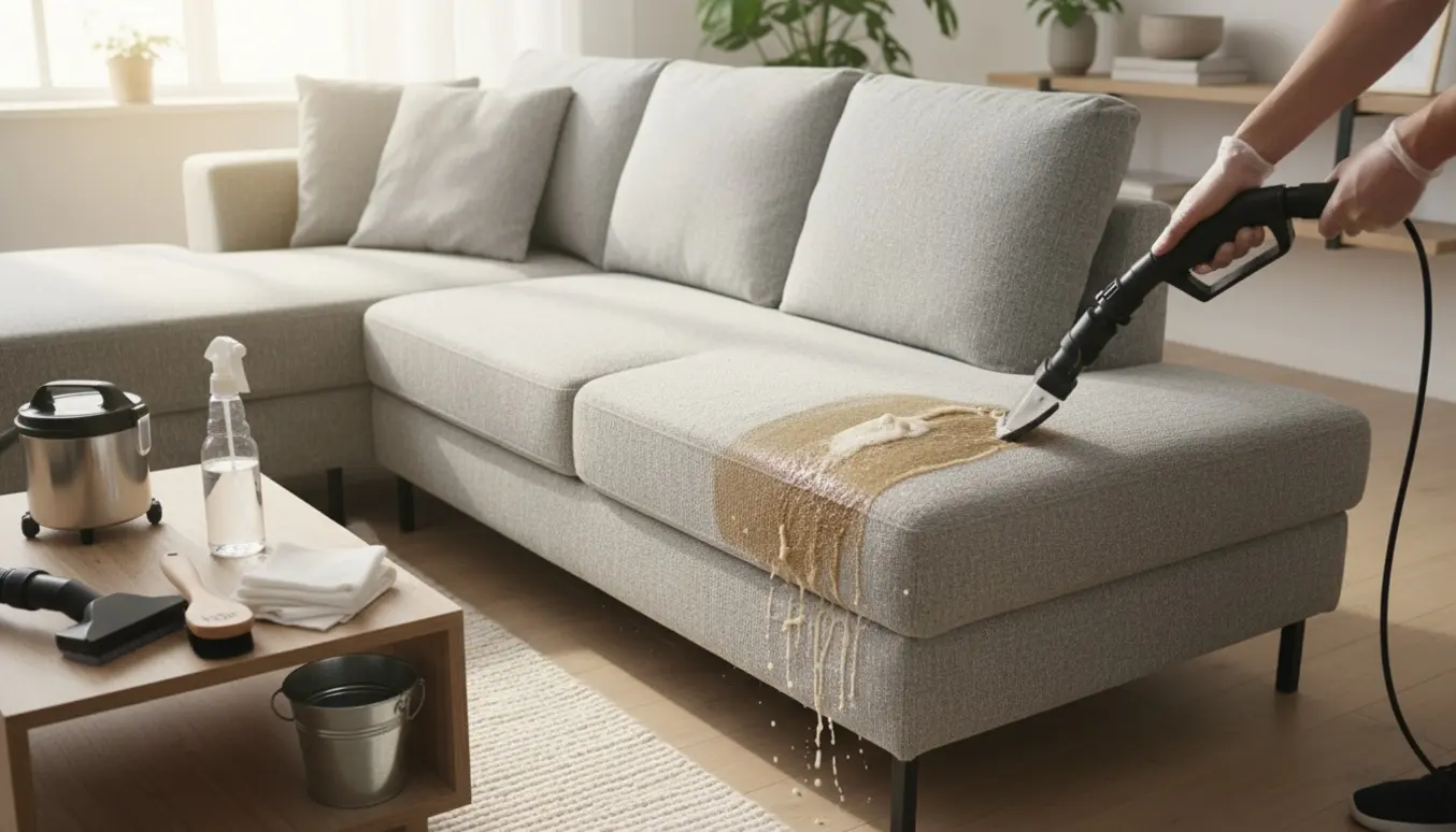 Professionel rens af en moderne stof hjørnesofa med en håndholdt tæpperenser i naturligt lys.