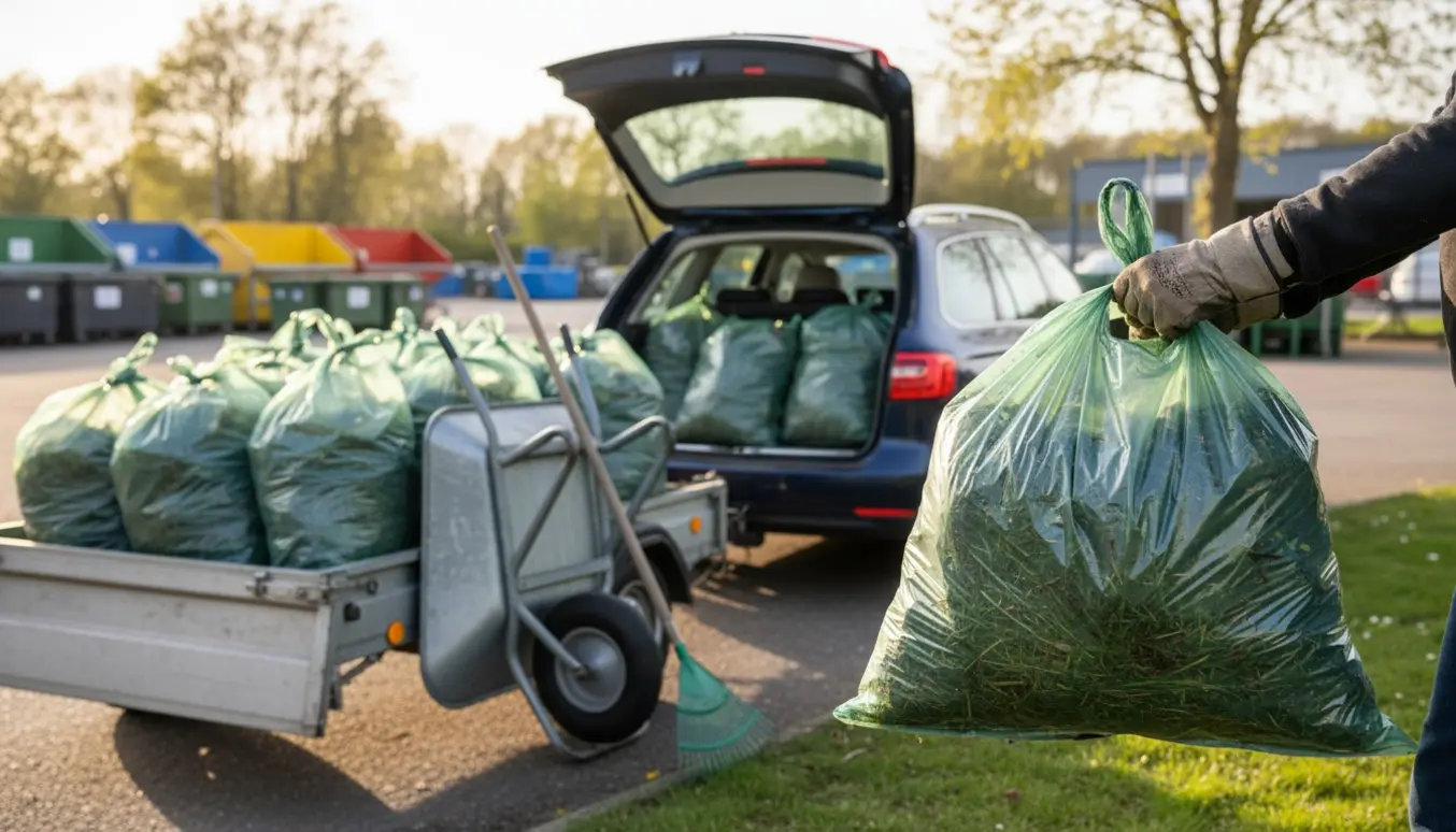 Store plastikposer med haveaffald bliver læsset i en trailer klar til aflevering på genbrugspladsen.