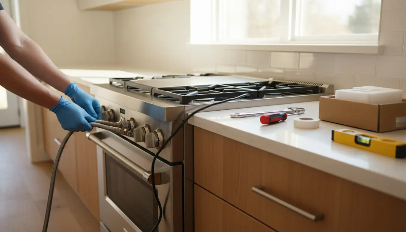 Nyt rustfrit stålkomfur bliver monteret i et lyst køkken med håndværkerhænder og værktøj.