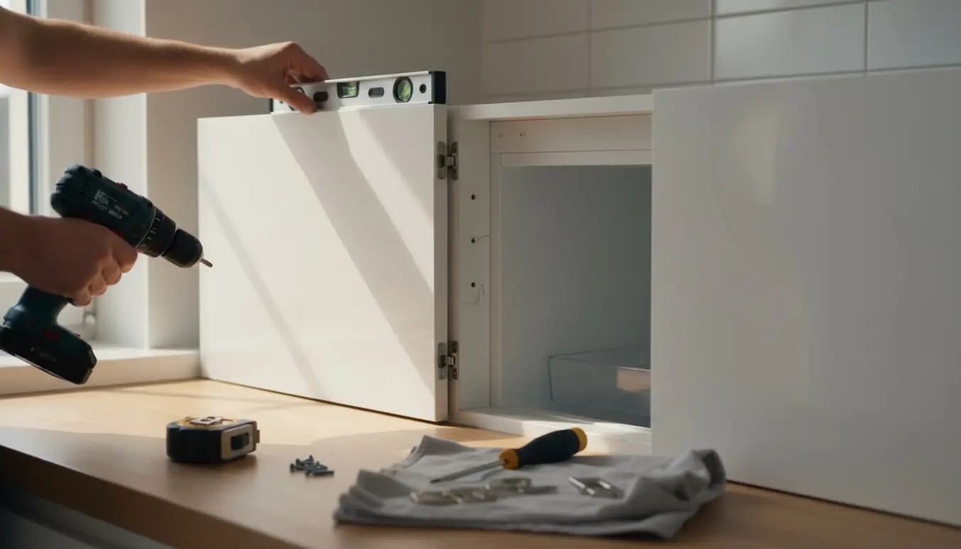 Hænder monterer låger på et integreret køleskab i et IKEA-lignende køkkenskab med hængsler og værktøj.