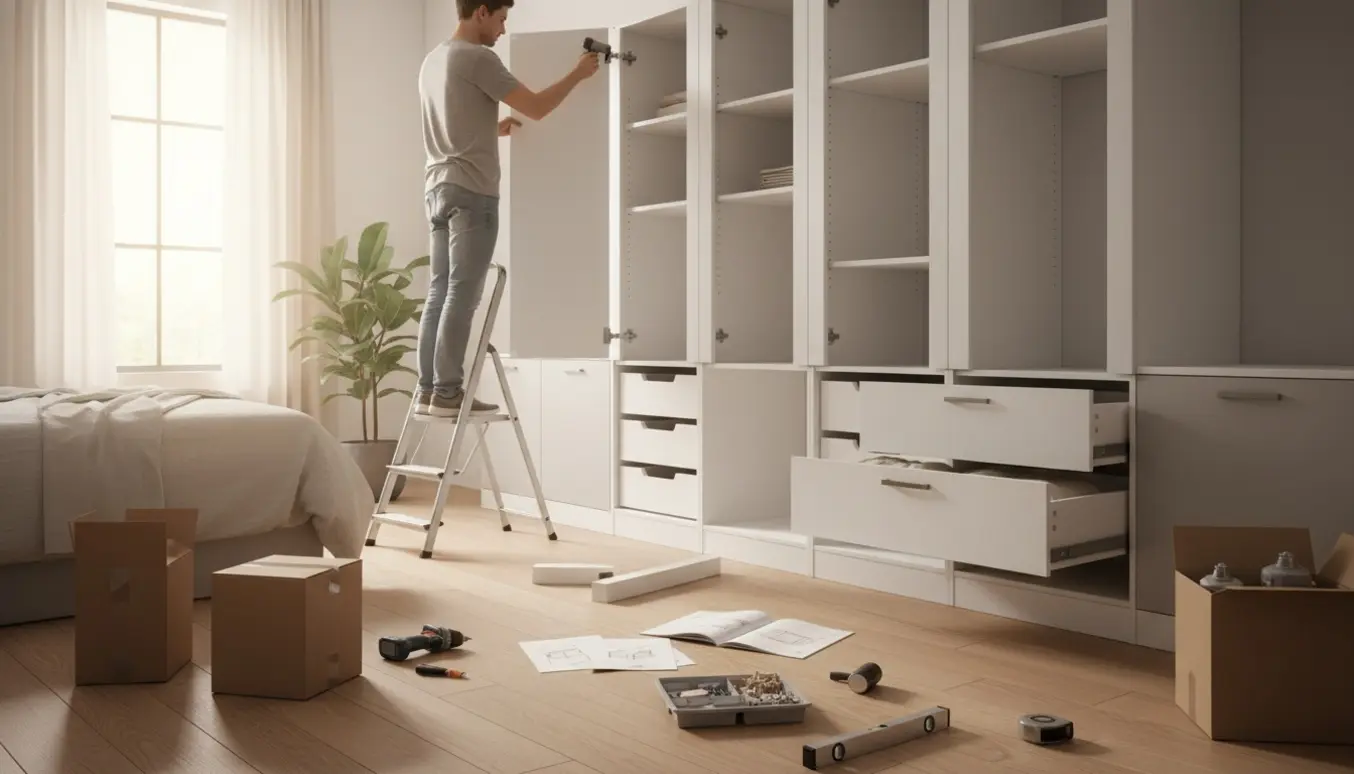 Delvist samlede modulære garderobeskabe og køkkenskabe i et lyst soveværelse med værktøj og en person set bagfra.