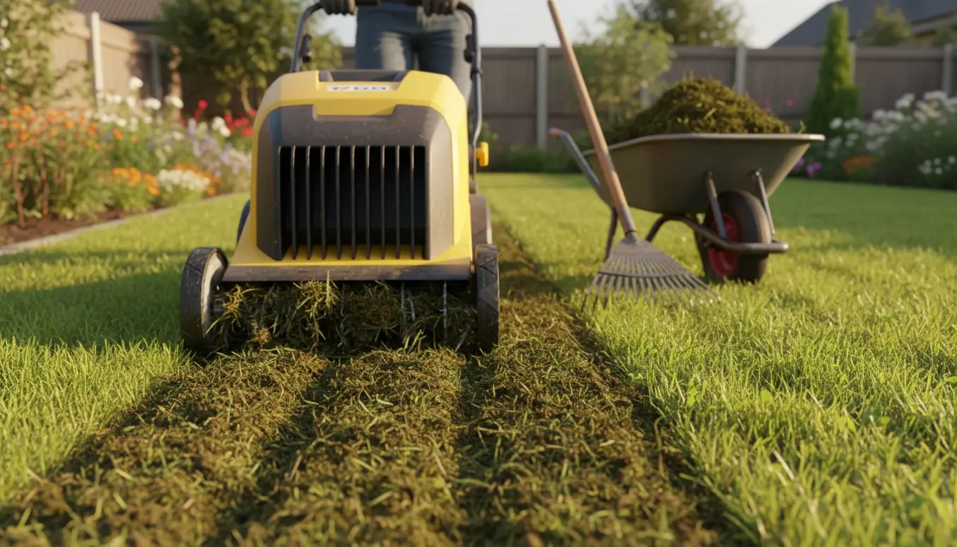 En vertikalskærer fjerner mos fra en mellemstor græsplæne, med opsamlet mos i rækker og en trillebør i baggrunden.