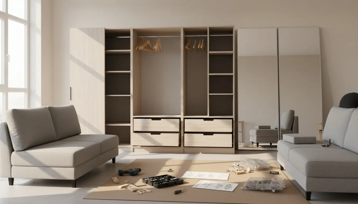 Delvist samlet Pax-garderobe (250x236) med fire rum, spejlskydedøre og to Brimnes-sovesofaer i en lys stue.