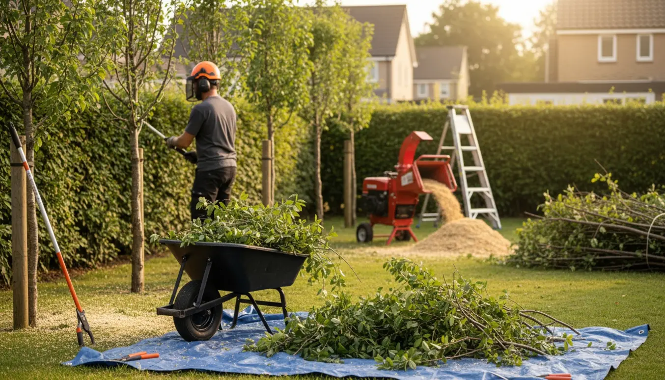 Sikkerhedsudstyret arbejder beskærer træer langs skel, med afklippede grene og en flismaskine klar til bortskaffelse.
