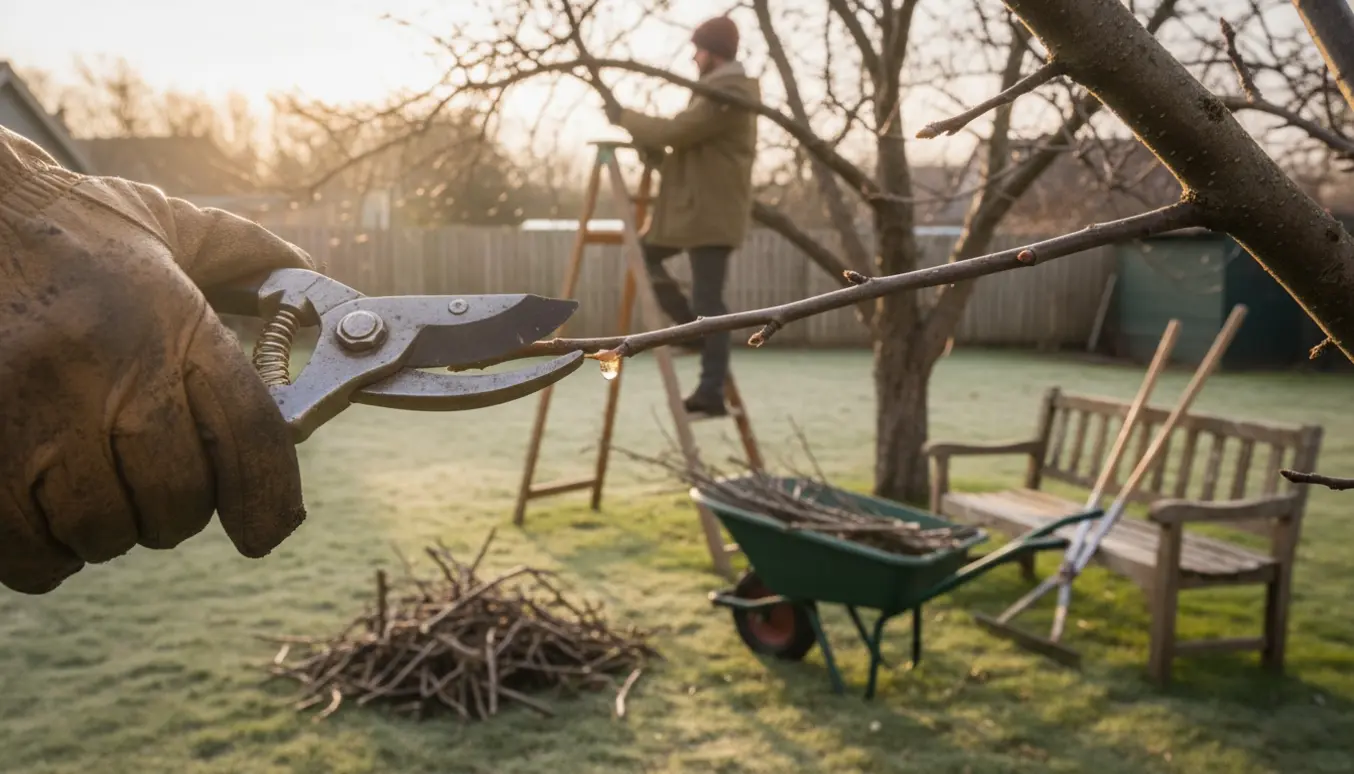 Haveejer beskærer et æbletræ med grensaks mens afskårne grene ligger i en trillebør.