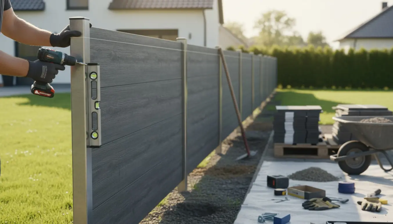 Opsætning af et komposithegn i en have med værktøj og paneler klar til montering.