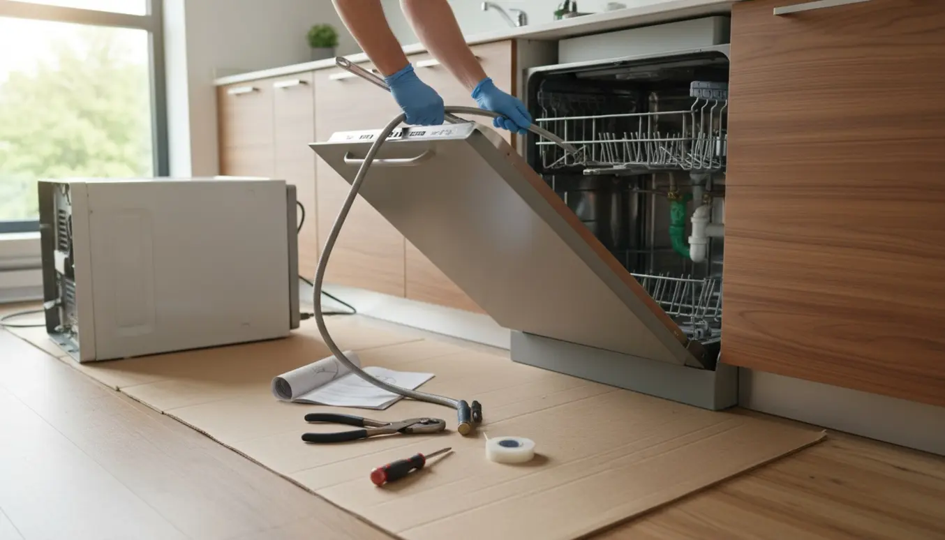 Hænder med handsker tilslutter vand- og afløbsslanger på en ny opvaskemaskine i et køkken, med gammel maskine og værktøj ved siden af.