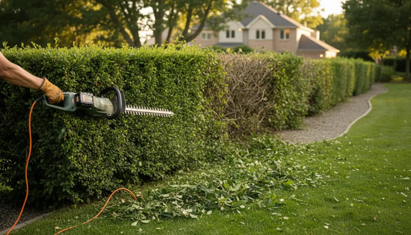 Elektrisk hækklipper i aktion ved en delvist nyskåret hæk med afklippede grene på græsset.