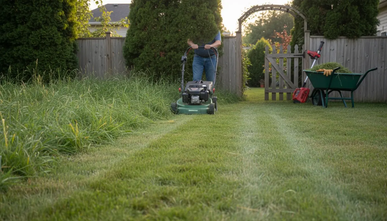 Langt, uplejet græs bliver slået med en kompakt plæneklipper gennem en smal haveindgang.