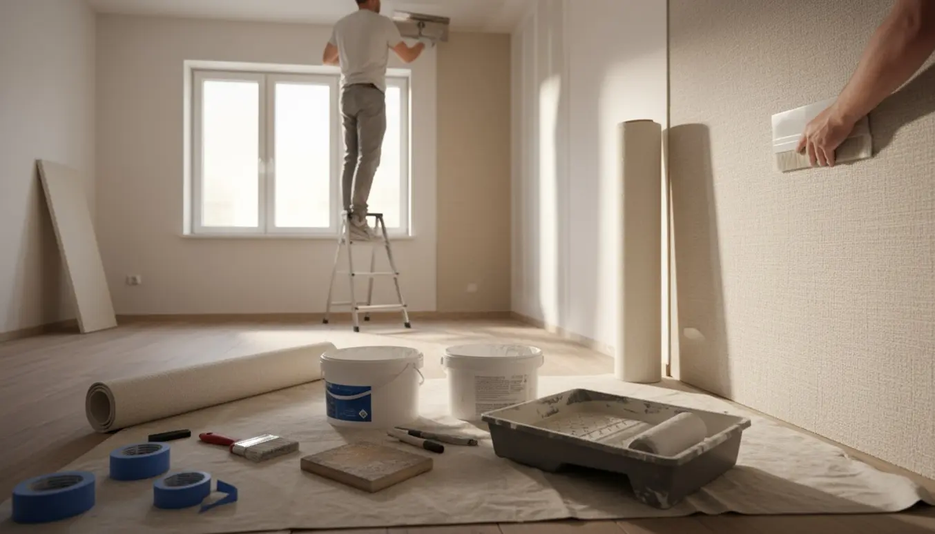 Fuldspartling af loft og opsætning af filt i et mellemstort værelse med maleredskaber.