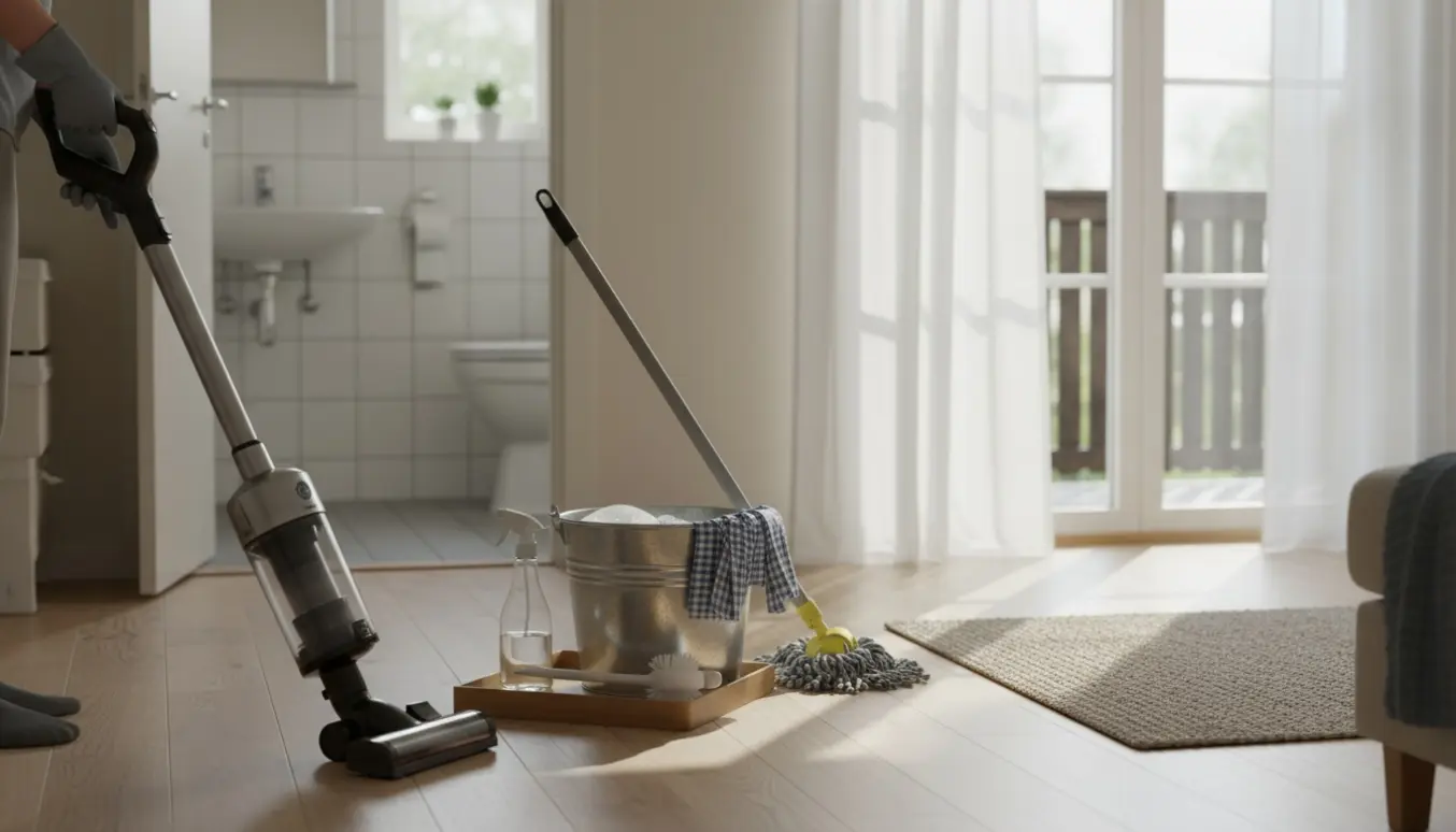 Solbelyst sommerhusinteriør med rengøringsudstyr og en person uden synligt ansigt i færd med at rengøre.