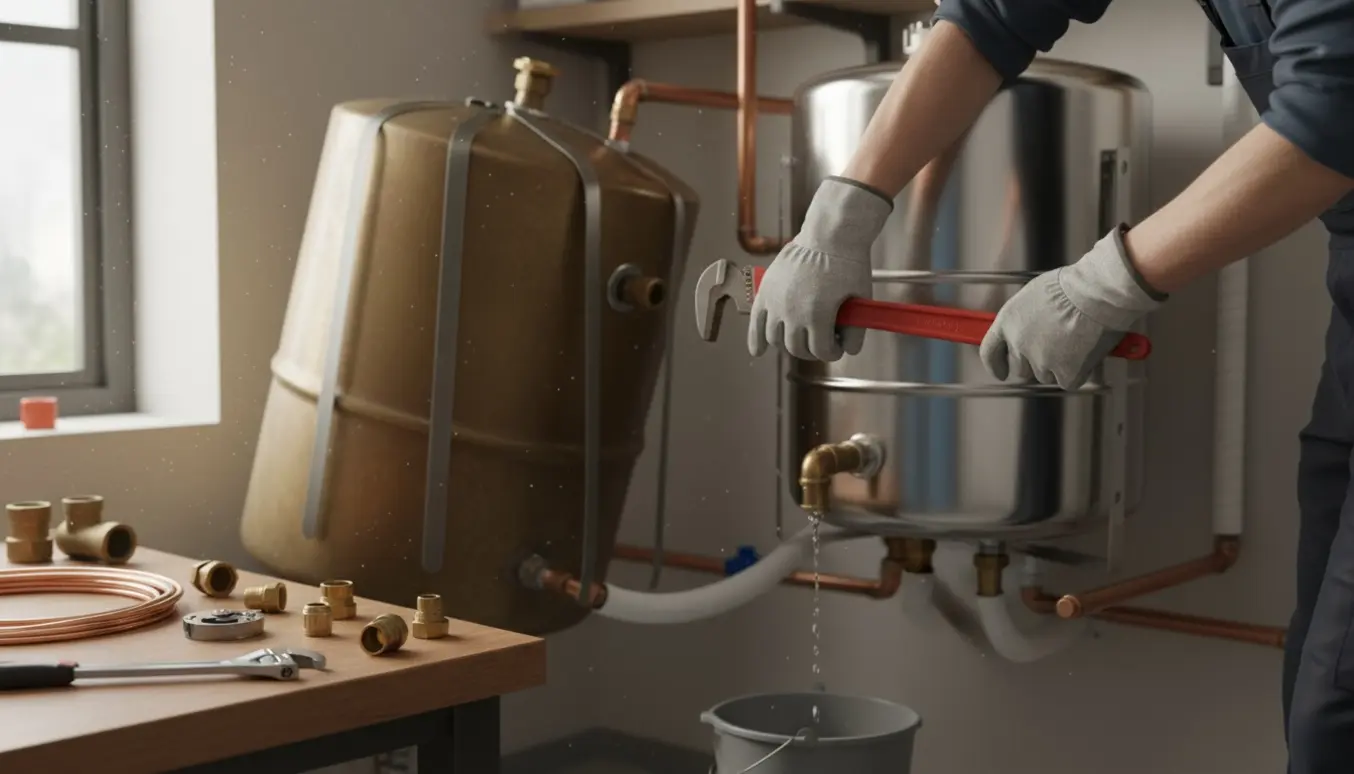 Håndværker udskifter en 110 l varmtvandsbeholder i et bryggers og tjekker rørtilslutninger.