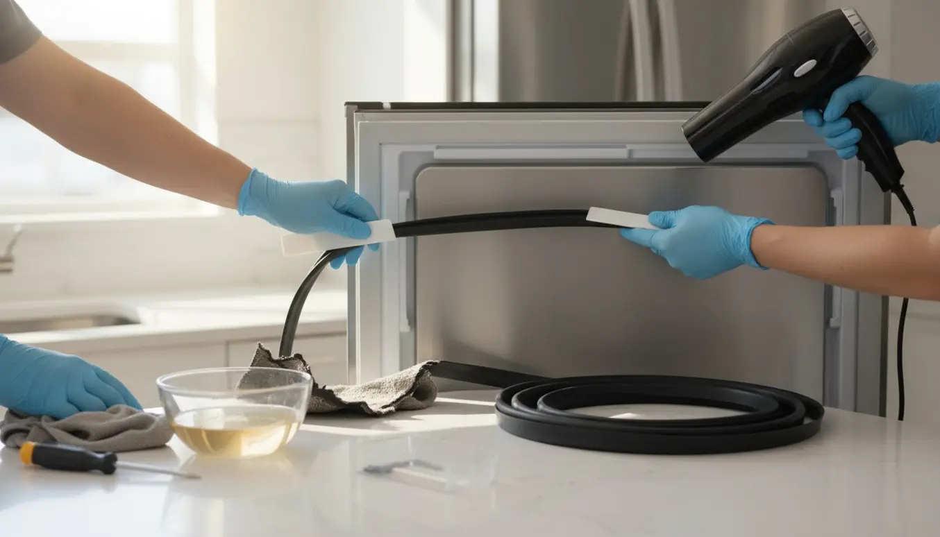 Nærbillede af hænder, der udskifter tætningslisten på en køleskabsdør i et lyst køkken.