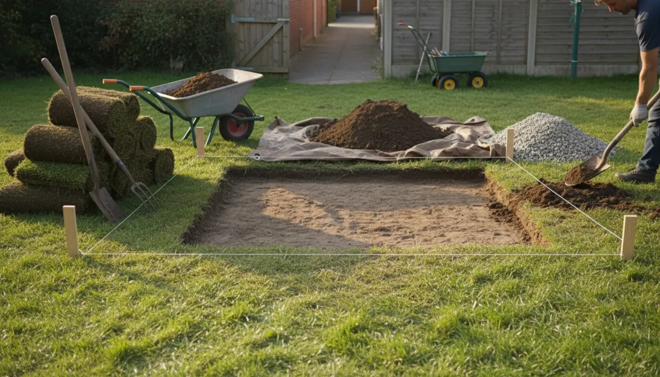 Udgravet 4x4 m areal af græsplæne klar til grus med rullede torve, skovle og trillebør.