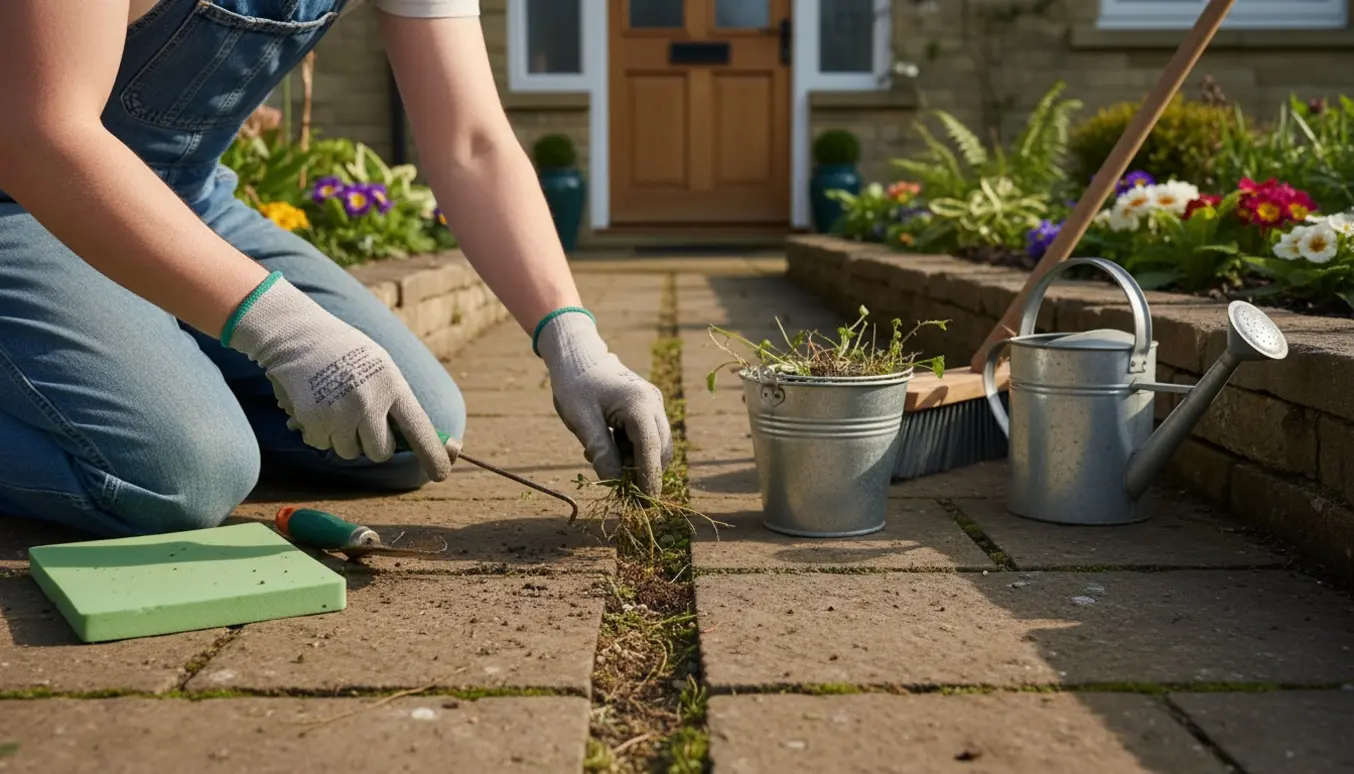 Nærbillede af handsker og værktøj, der fjerner ukrudt mellem fliser ved en lille have og hoveddør.