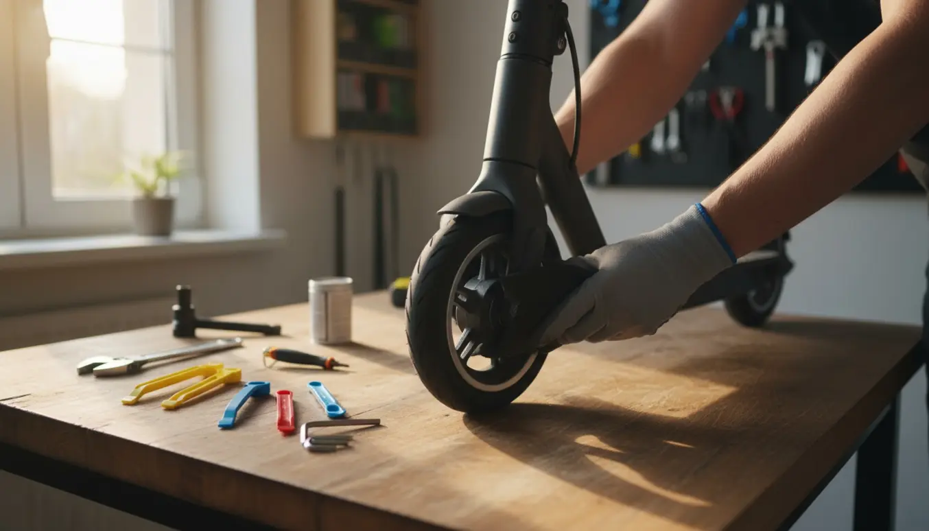 Frontdækket på en Xiaomi Pro 2 bliver udskiftet til et punkterfrit dæk i et lyst værksted.