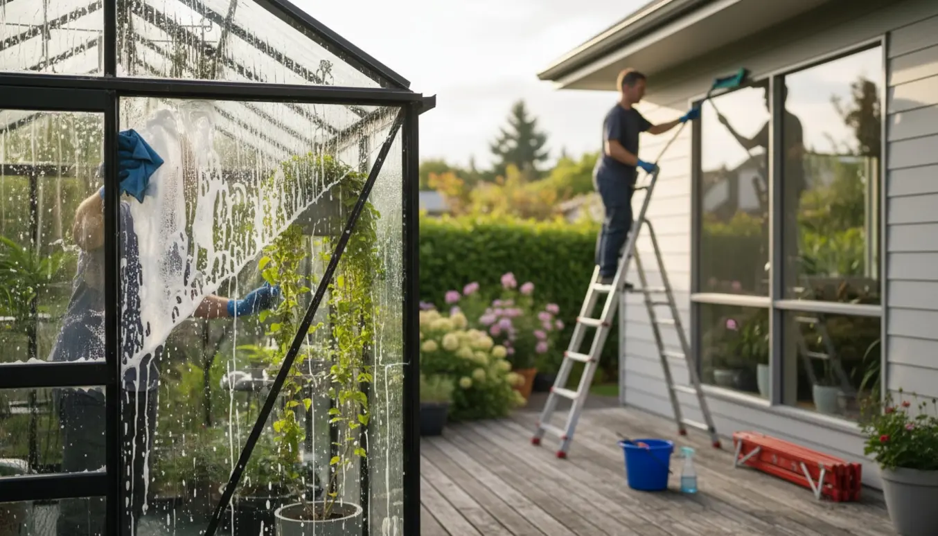 Soloplyst have med nypudset drivhusglas og en person på stige, der pudser husets vindue.