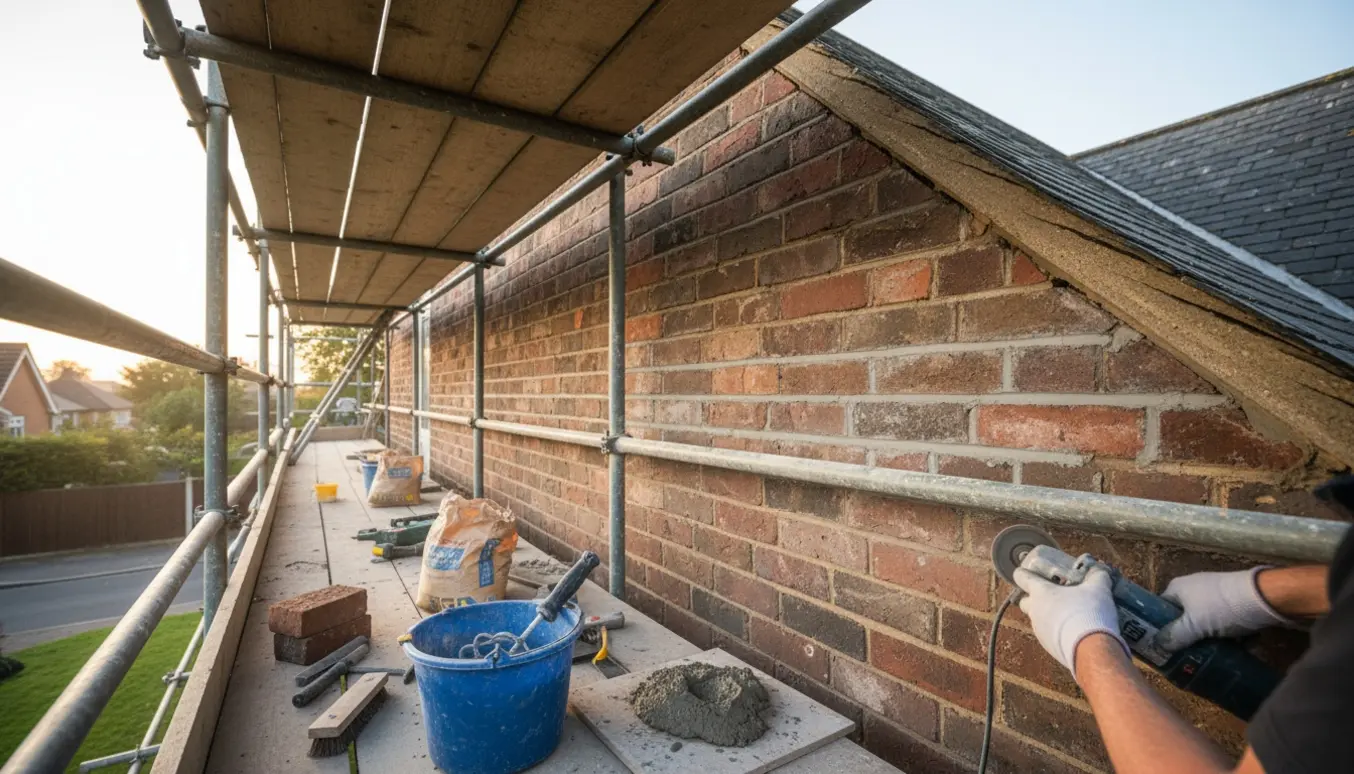 Murer på stillads udfræser gamle fuger og fugeprofilet fyldes med ny mørtel i en muret gavl.