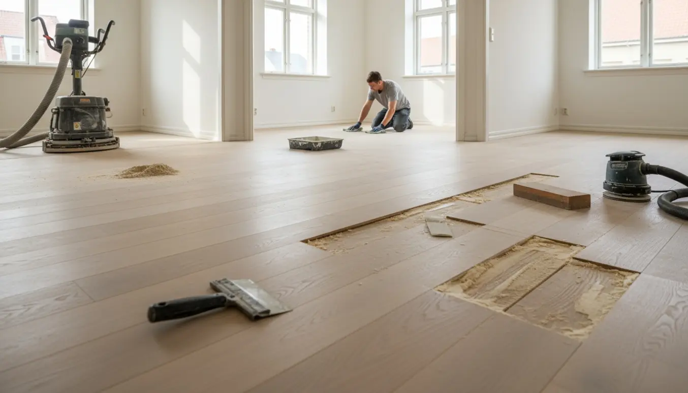 Tomme, lyse værelser med gulvsliber, spartel, træfyld og hvid lud/sæbefinish på trægulv.