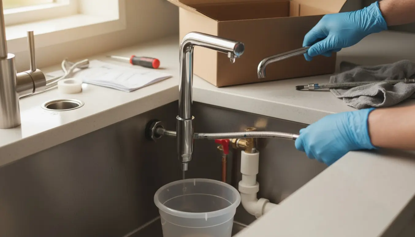 Udskiftning af en kogende-vandhane ved en moderne køkkenvask med værktøj og åbent underskab.