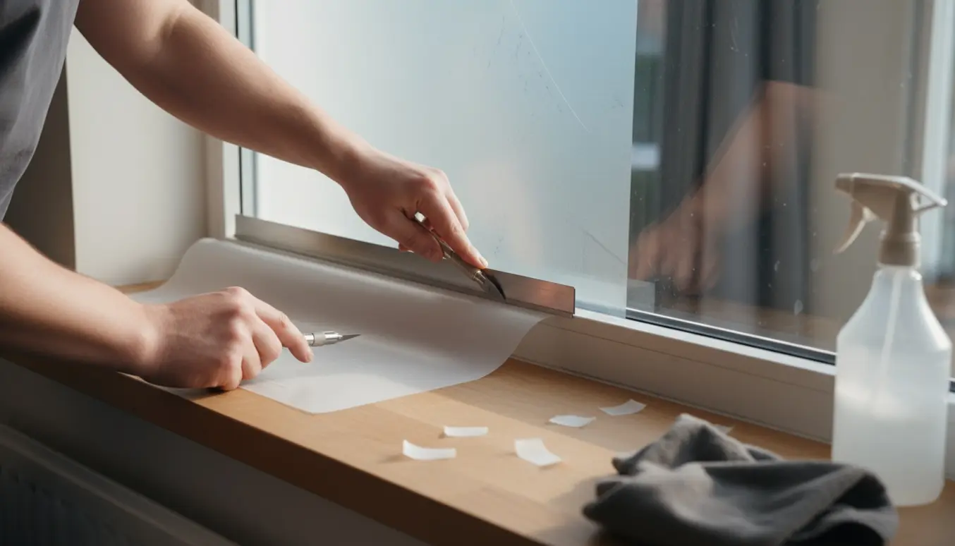 Nærbillede af hænder, der påfører sandblæst vinduesfolie og glatter den med en skraber.