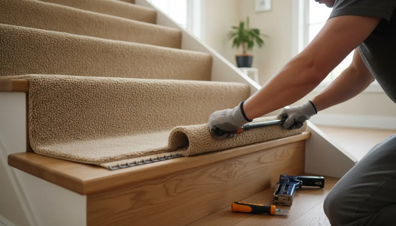 Hænder og værktøj monterer tæppe på en indendørs trappe med naturligt dagslys.