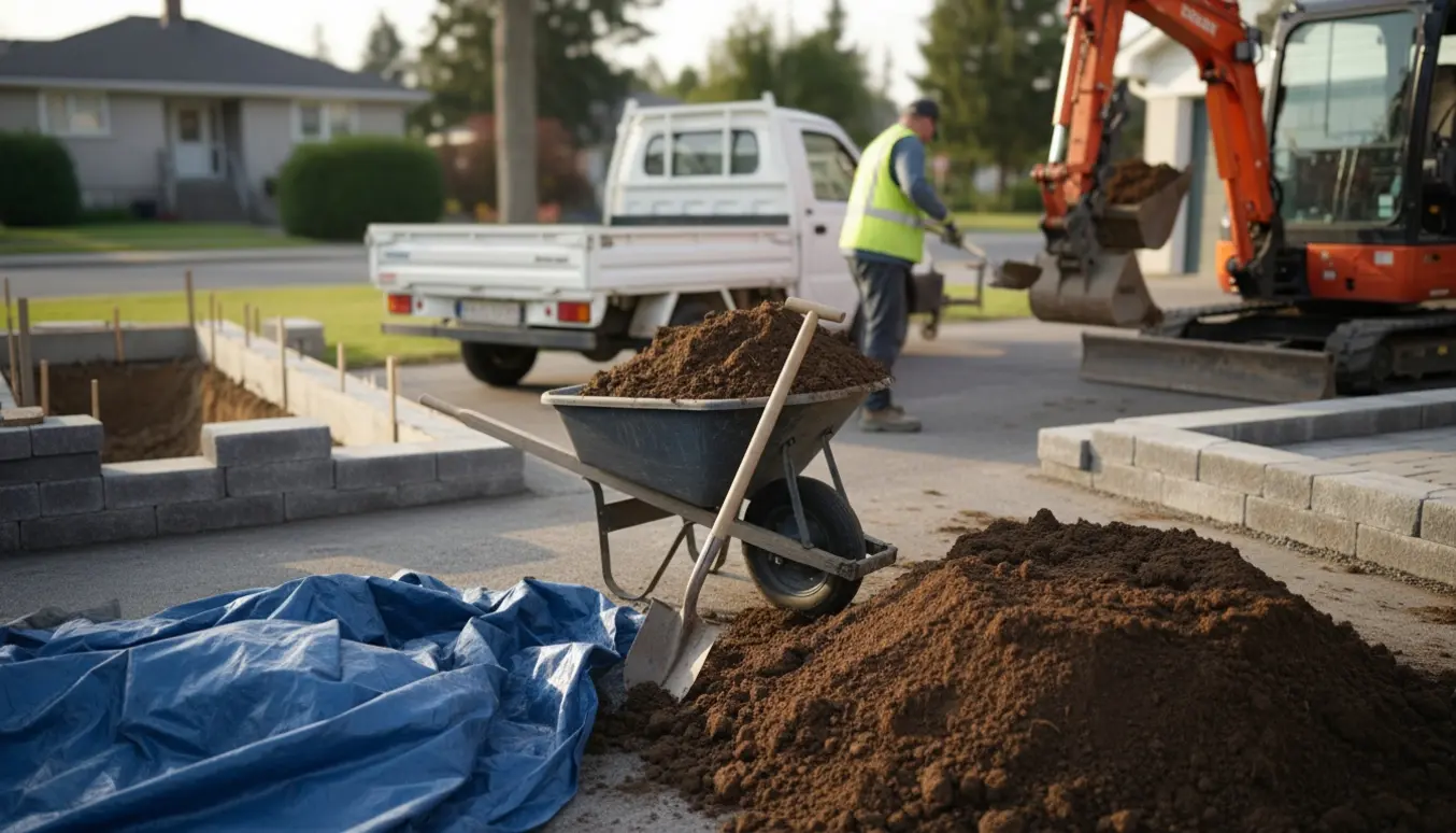 Opgravet jord ved indkørsel klar til bortkørsel med trillebør, skovl og varevogn ved garage og terrasse.