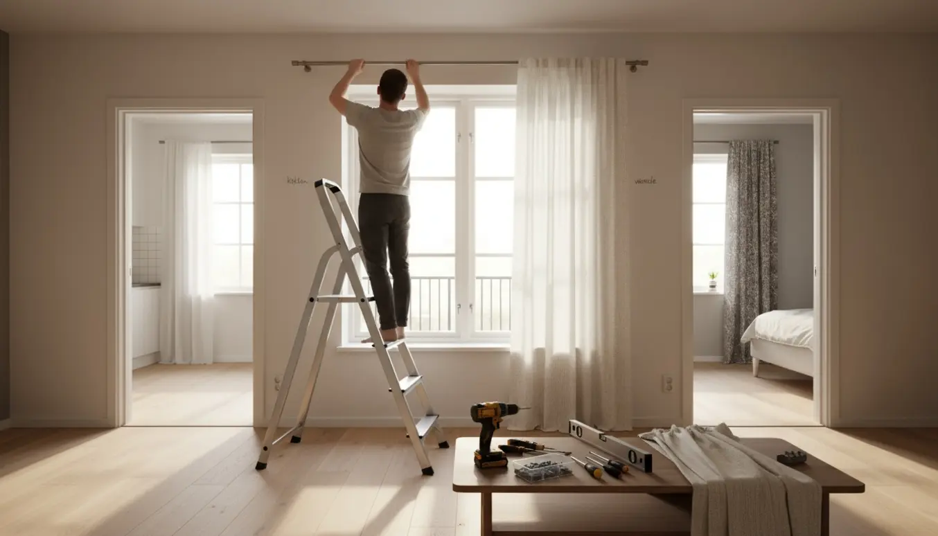 Gardinmontering i stuen med stige, værktøj og kig til køkken og værelse.