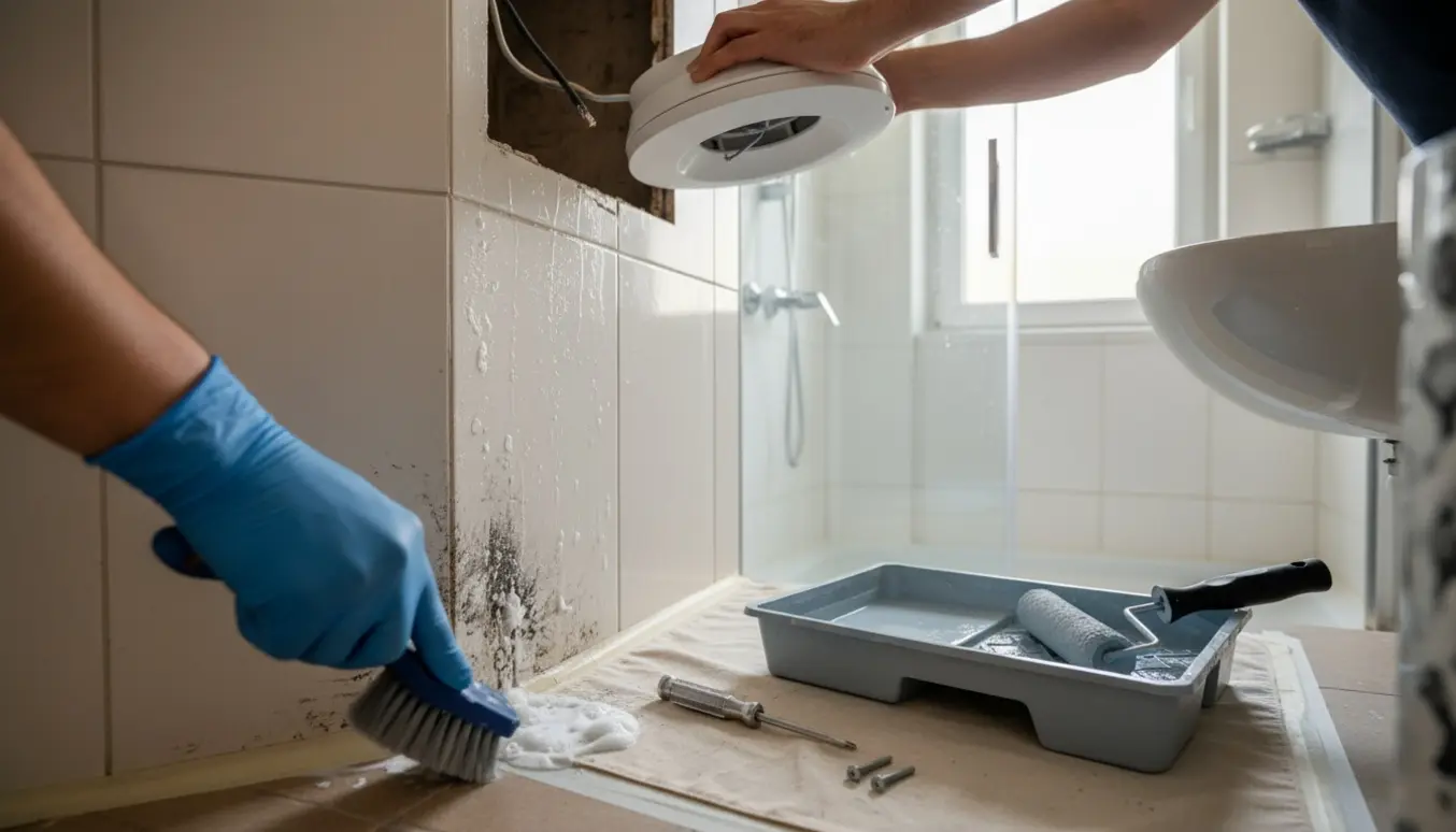 Hænder fjerner skimmelsvamp i et lille badeværelse og forbereder montering af en ny ventilator.