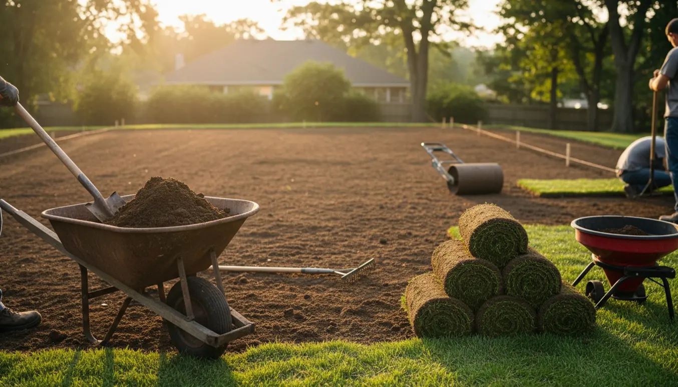 Forberedelse af jord til etablering af ny græsplæne med trillebør, rive og ruller af græs i en stor baghave.