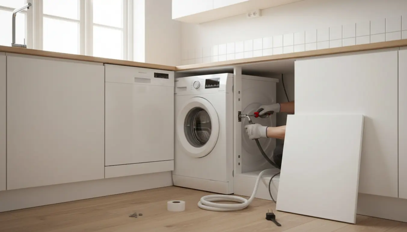 Installatører fører en vaskemaskine ind i et nordisk køkken og tilslutter vand- og afløbsslanger ved et åbent skab.