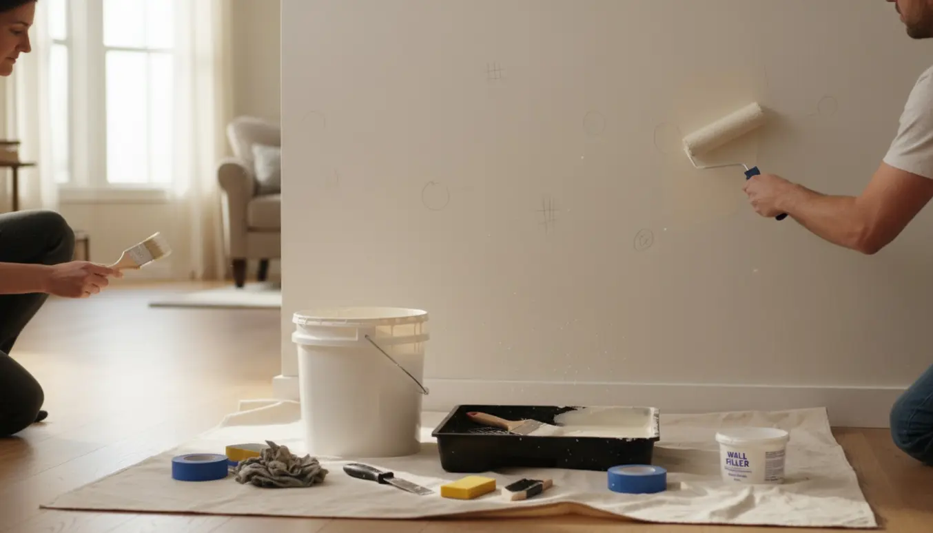 En hånd maler en indvendig væg med blyantscirkler omkring reparationssteder og åbne malerværktøjer på et beskyttelsesafdækning.