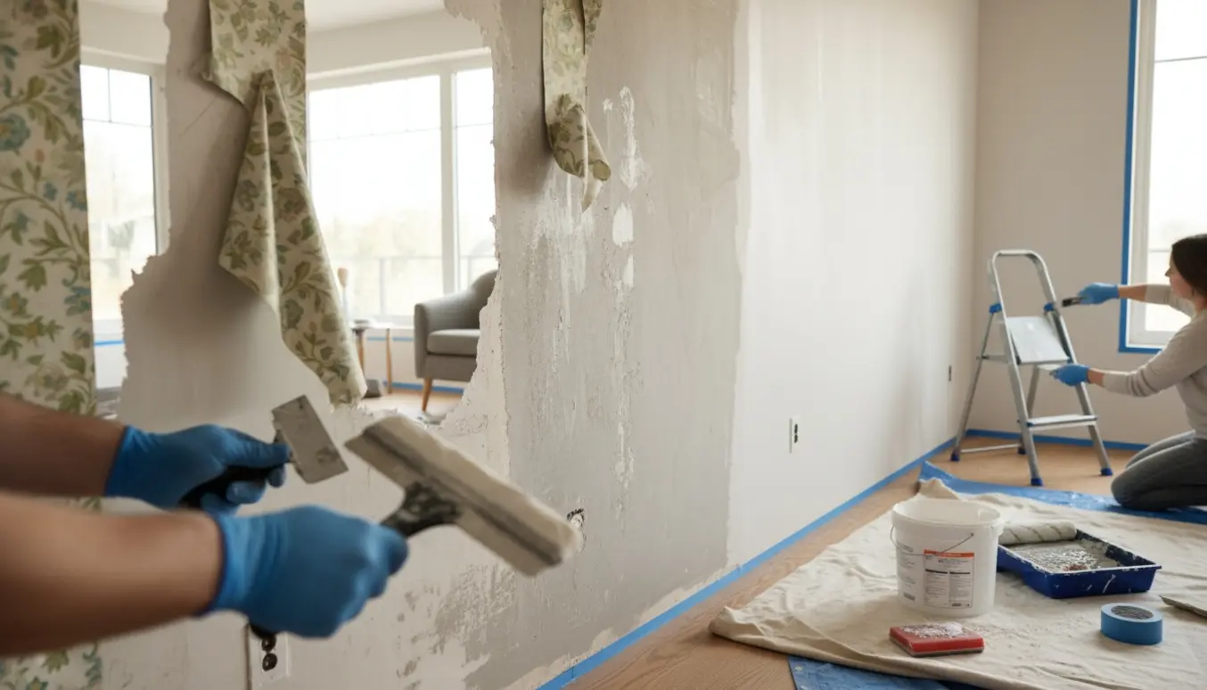 Nærbillede af fjernelse af tapet, spartling og forberedelse til maling på en lang væg uden synlige ansigter.