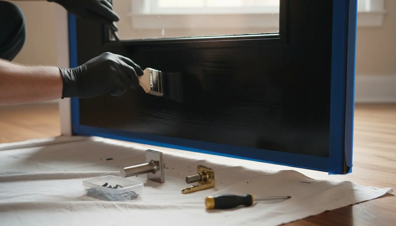 Nærbillede af hænder, der maler en sort dørkarm med pensel, nyt dørhåndtag klar til montering.