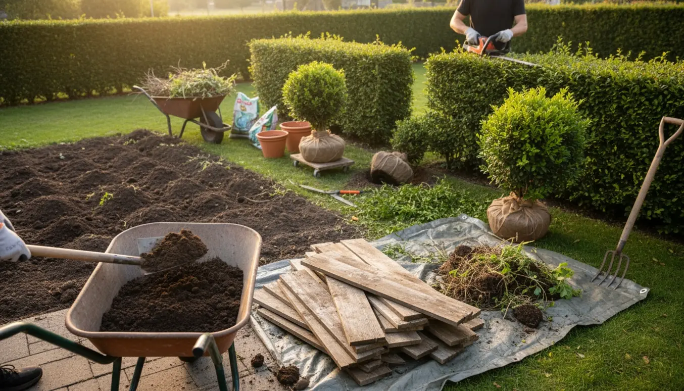 Solbelyst havearbejde med nedtagne højbede, trillebør med jord, klippet thujahæk og værktøj klar til flytning og bortskaffelse.