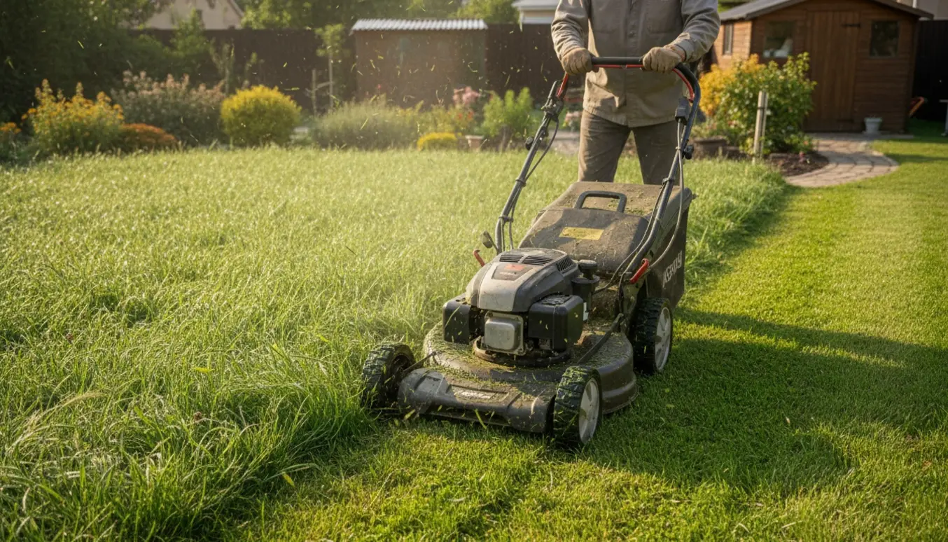 En person klipper en langhåret baghave med en kraftig plæneklipper, med synlig før-og-efter-stribe.