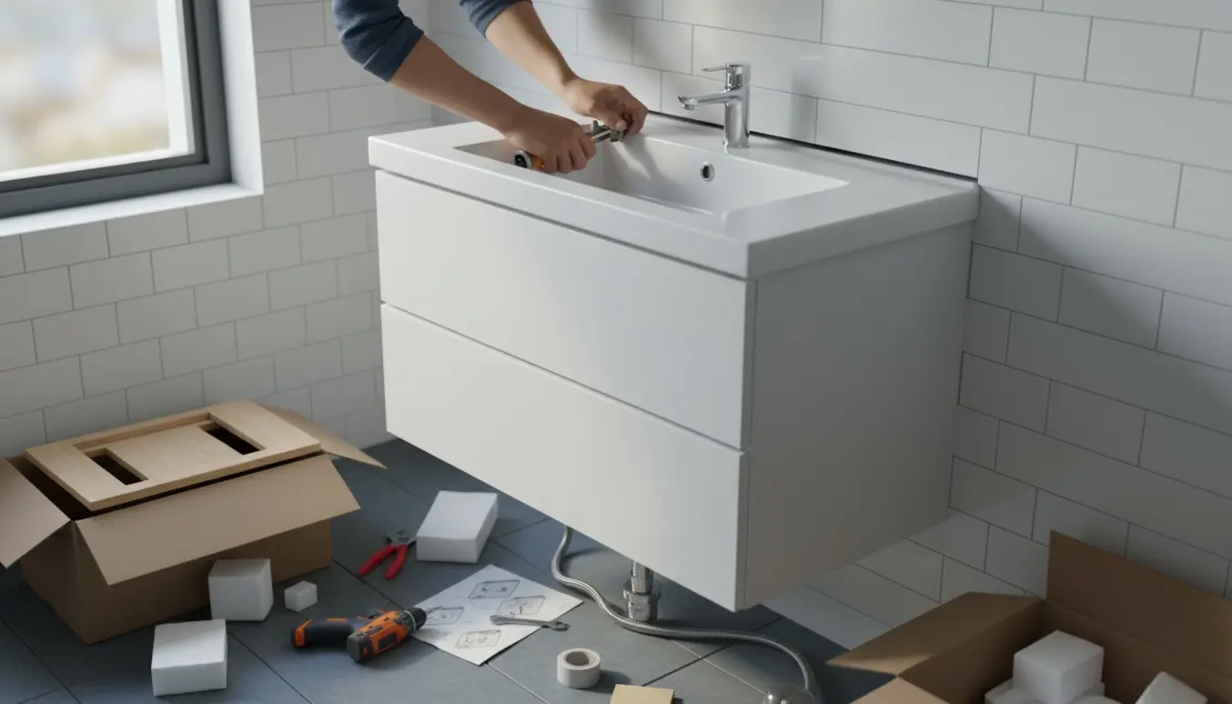 Nyopsat væghængt badeværelsesmøbel med håndvask og håndværkerhænder under vasken, værktøj og emballage rundt om.