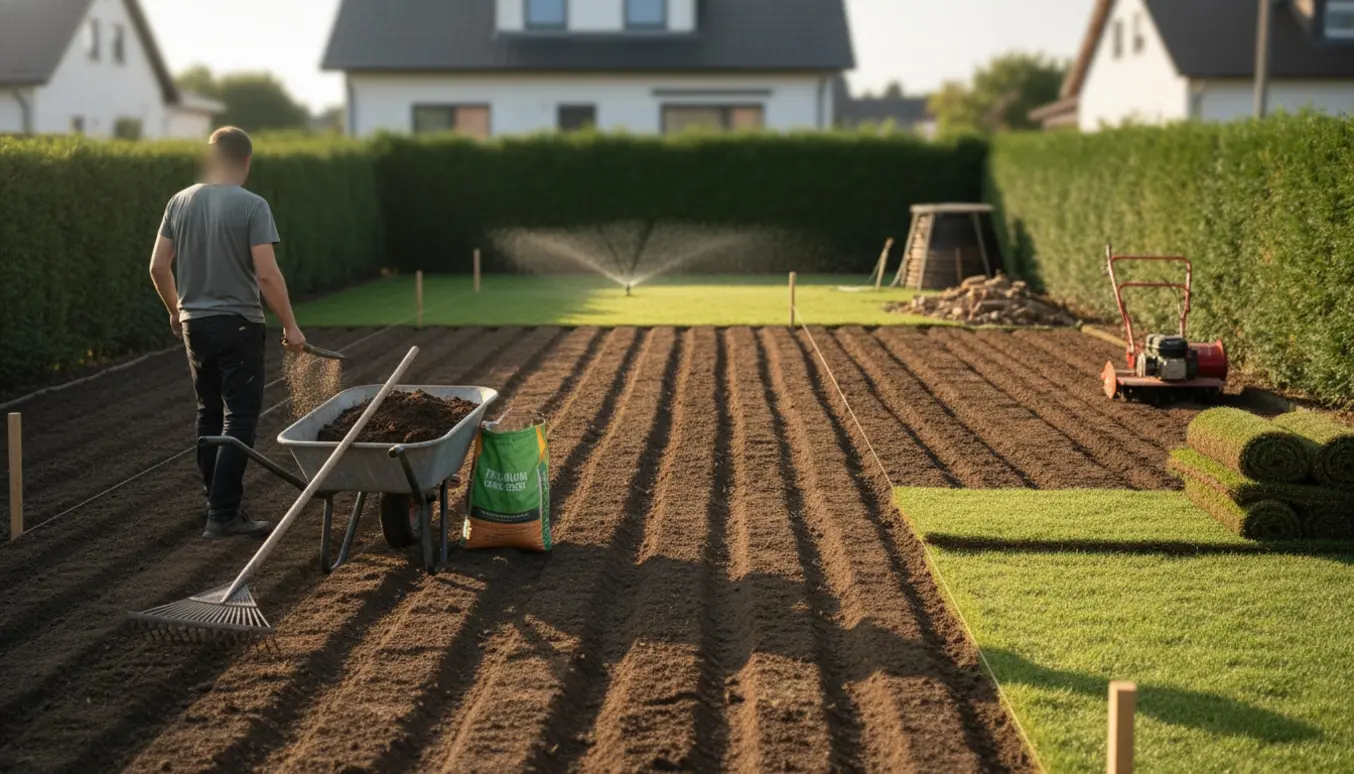 Set bagfra forbereder en person en forsømt baghave på ca. 13 x 23 meter med tilberedt jord, rullegræs og haveredskaber.