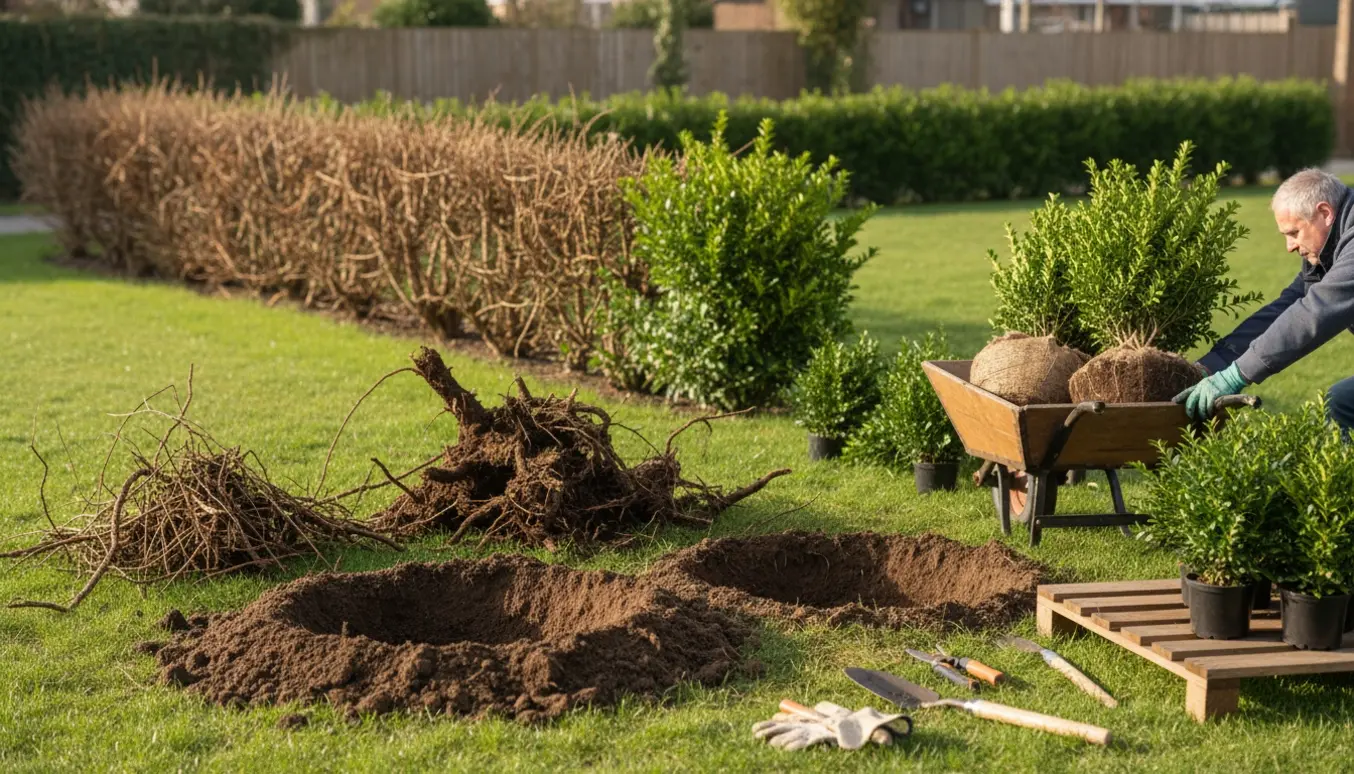 Nærbillede af opgravning og genplantning af ligusterhæk med rodklumper, trillebør og haveredskaber.