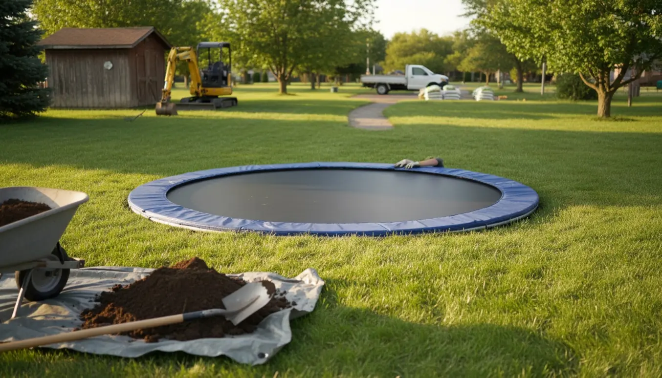 Nedgravet flatline-trampolin i græsplænen med værktøj, jordbunker og en skovl i forgrunden.
