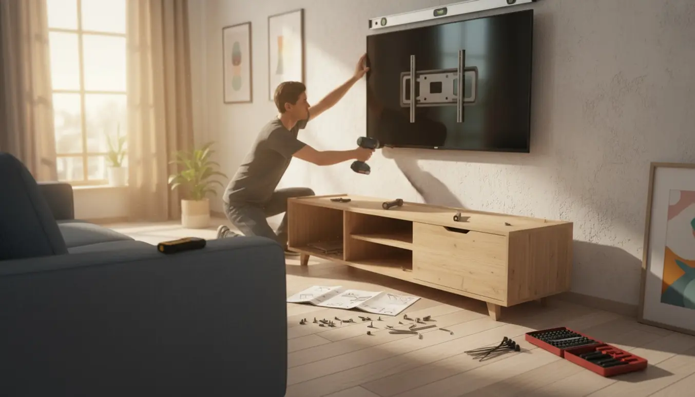 Nogen monterer et fladskærms-tv på væggen over et delvist samlet tv-bord med værktøj og kabelstyring i stuen.