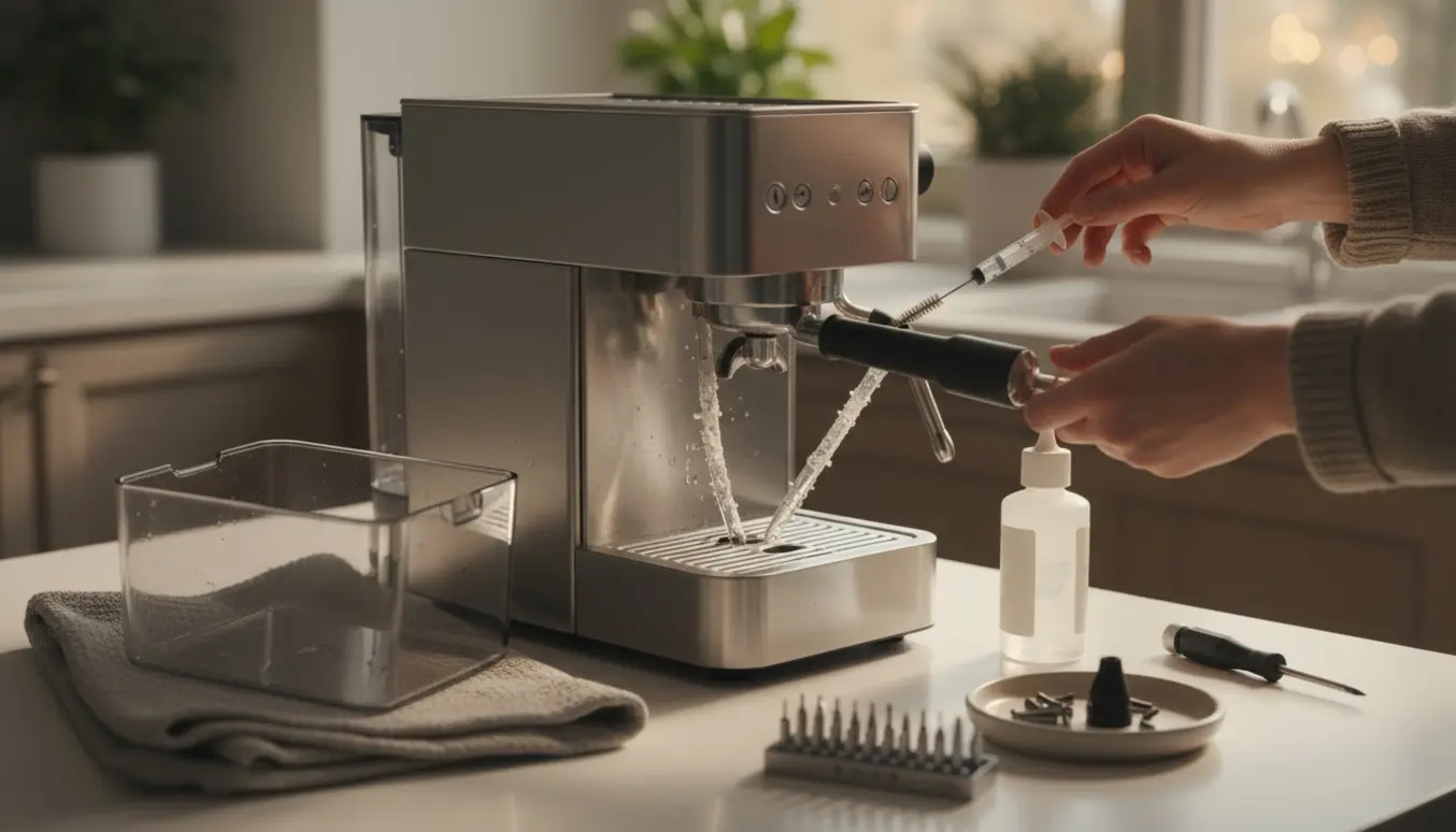 En hånd inspicerer en adskilt espressomaskine uden vand med reservoir, afkalkningsflaske og værktøj på køkkenbordet.