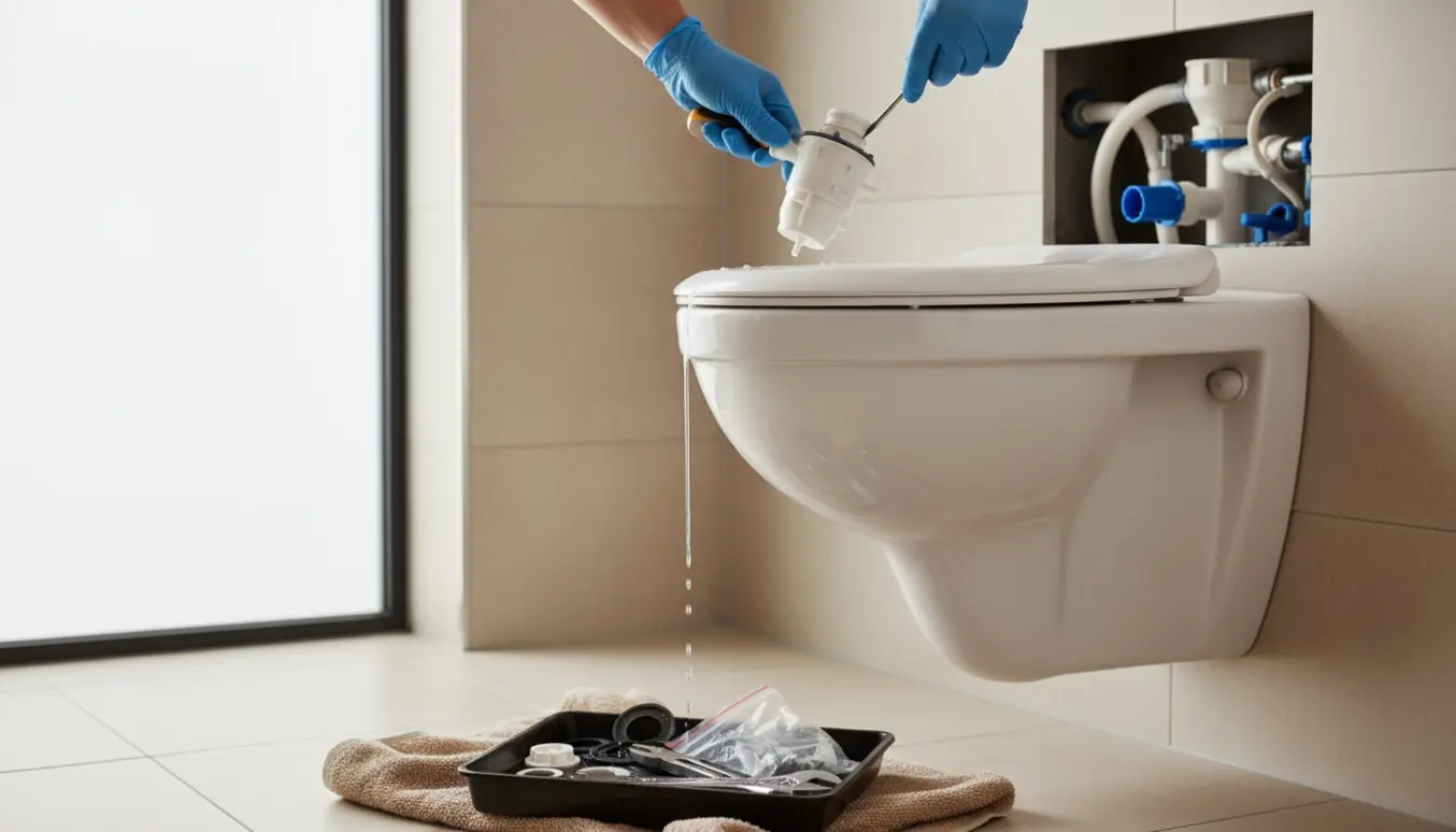 Nærbillede af hænder og værktøj ved et væghængt toilet med åben cisternedel, klar til udskiftning af ventil og tætning.