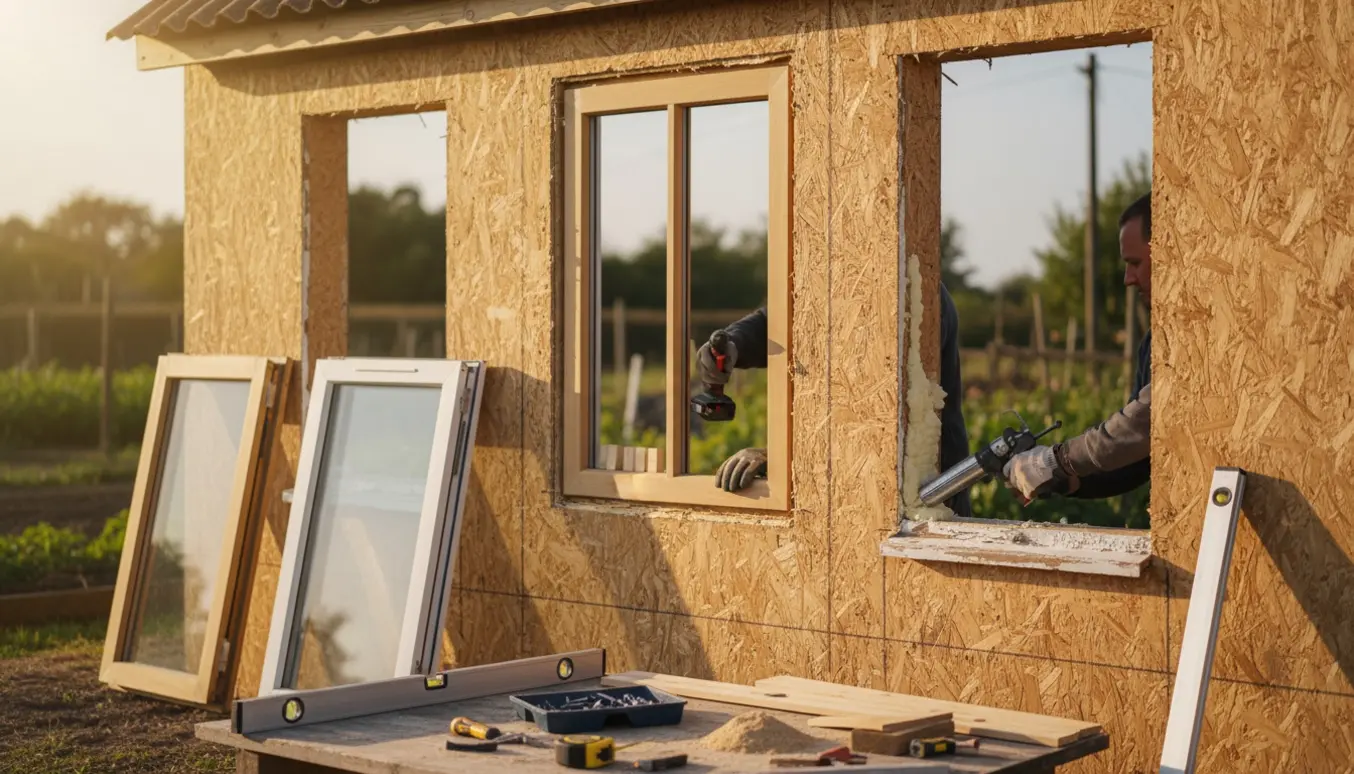 Udskiftning af vinduer i kolonihavehus med nye træ- og plastikrammer foran en væg af sporplader.