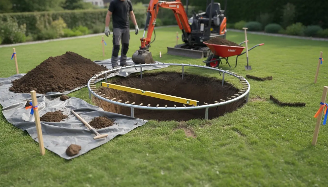 Nedgravning af trampolin med cirkulært hul i haven, ramme ved at blive sænket ned og jord samlet på grunden.
