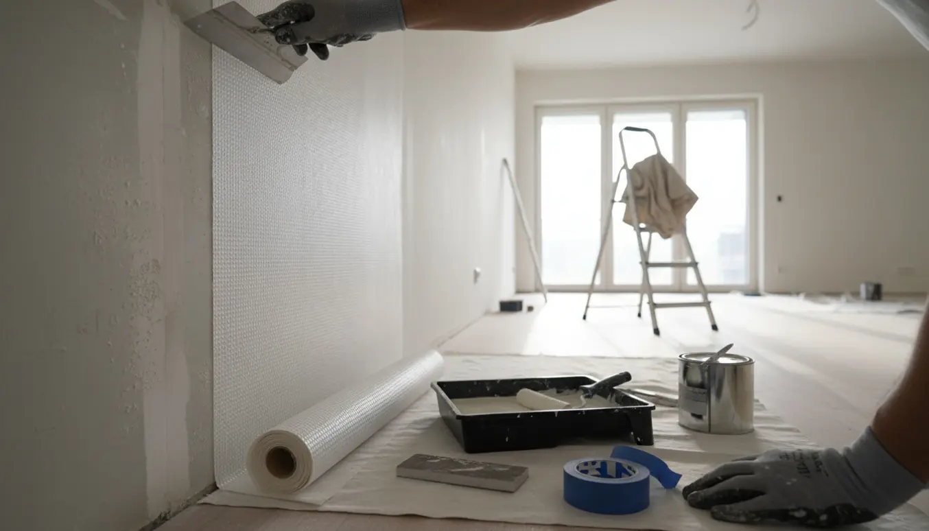 Handsken på en maler arbejder med spartel, opsætning af filt og maling i en lys lejlighed.