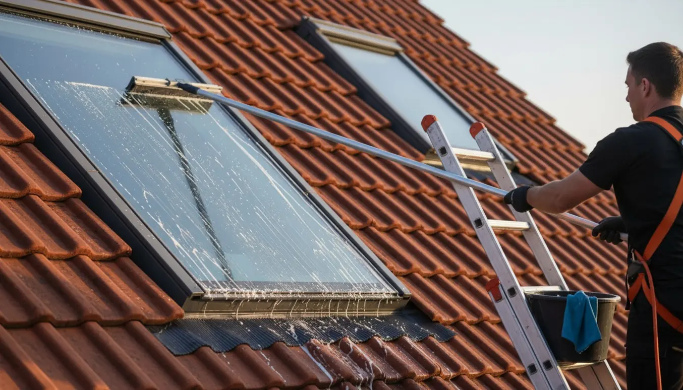 Nærbillede af rengøring af et ovenlysvindue på et tag med en lang stige og forlængerstang.