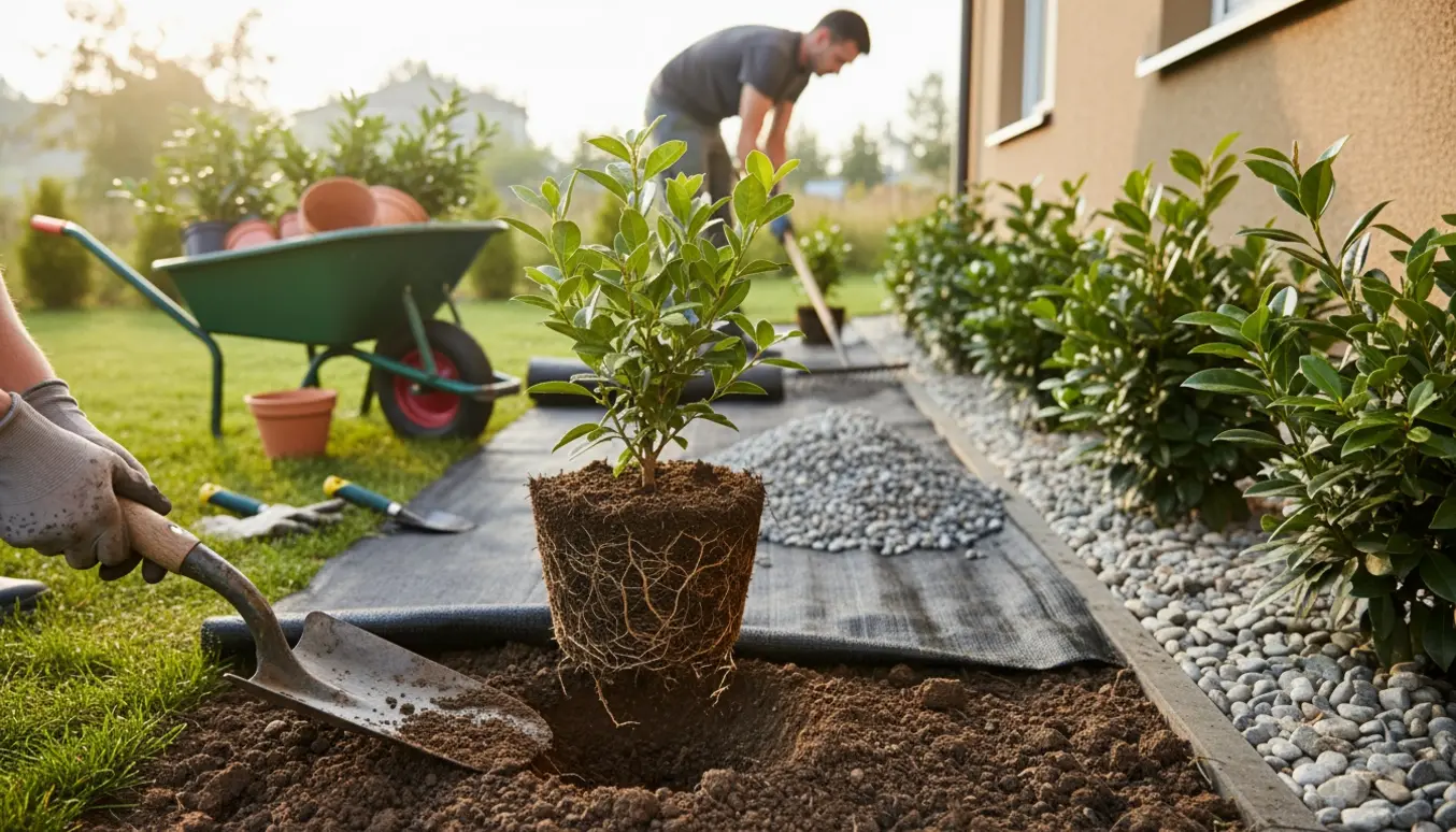 Nærbillede af forhavearbejde med planter, spade, ukrudtsdug og småsten langs husets sokkel.