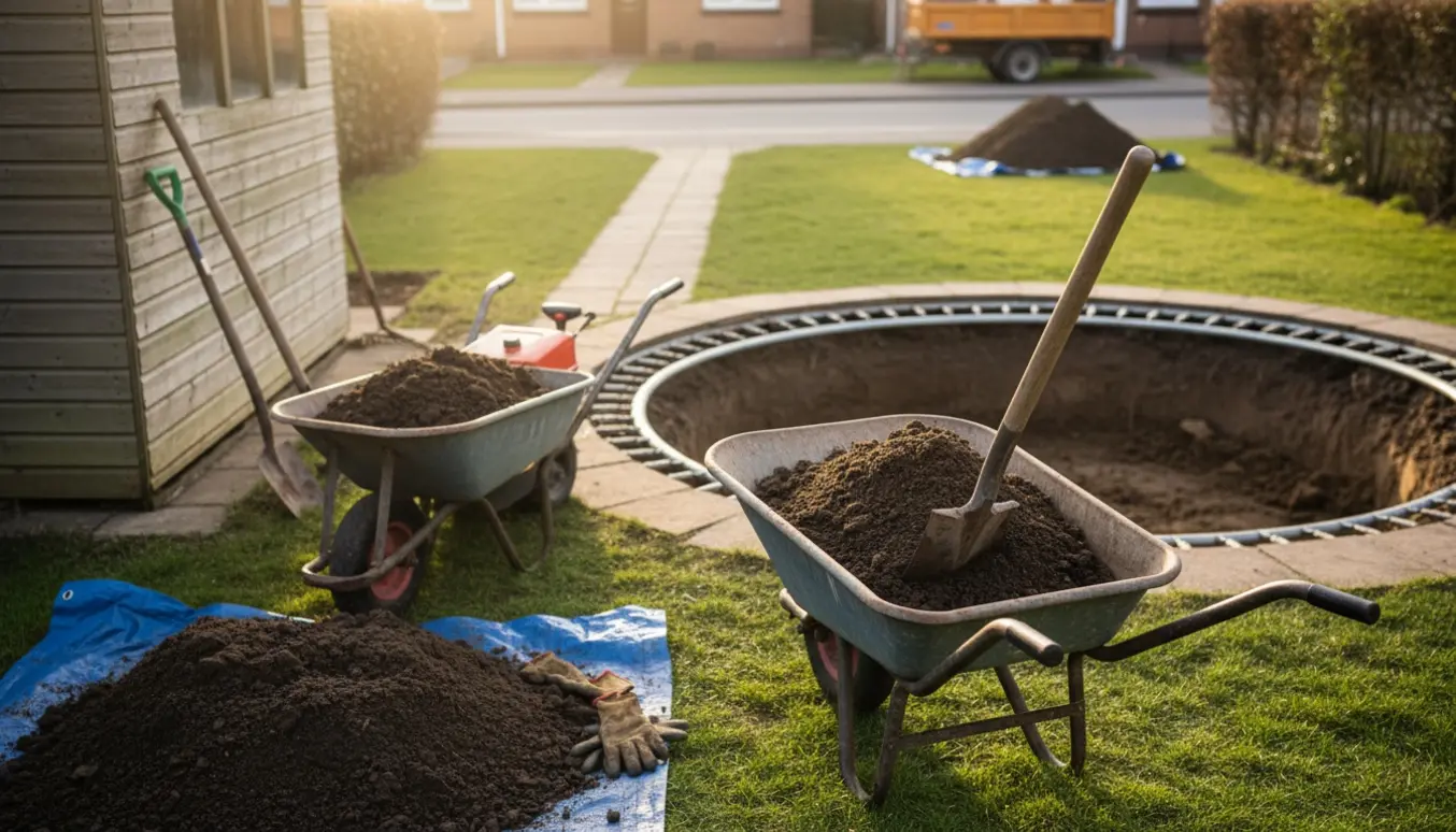 Motorbør og skovl læsser ren jord fra en nedgravet trampolin mod vejen.
